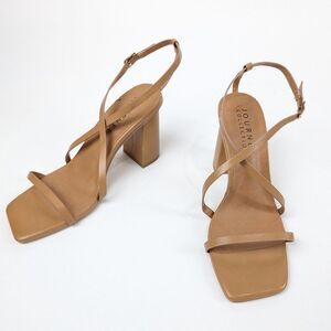 Journee Collection Square Toe Strapy Sandal Tan Criss-cross buckle Block Heel 8